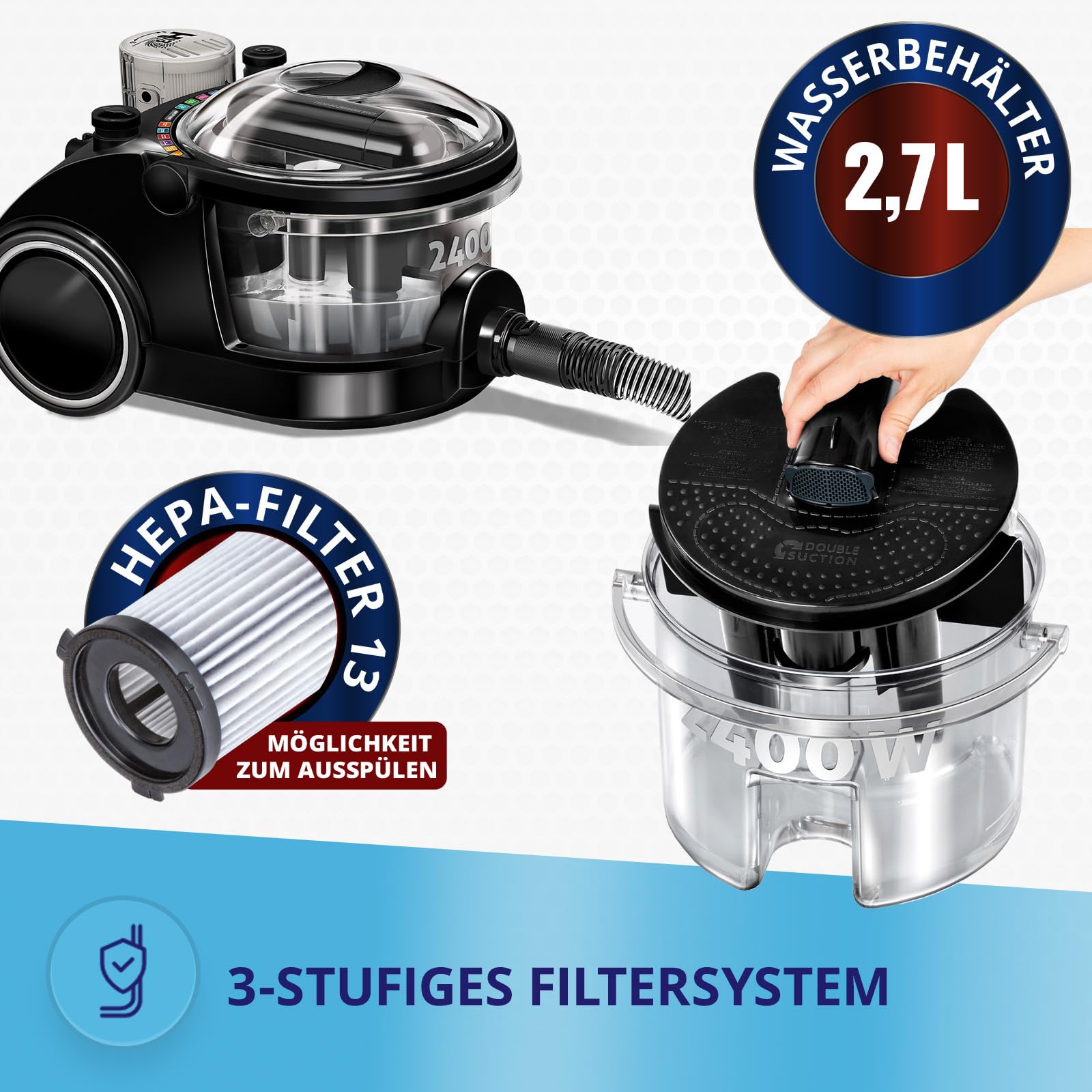 MPM - MOD-47 - Staubsauger mit Bora-Wasserfilter und Luftreiniger - für Allergiker - gegen Milben, Tierhaare - Nass- und Trockensauger, Bodenreiniger - Beutellos - 2400 W - Schwarz