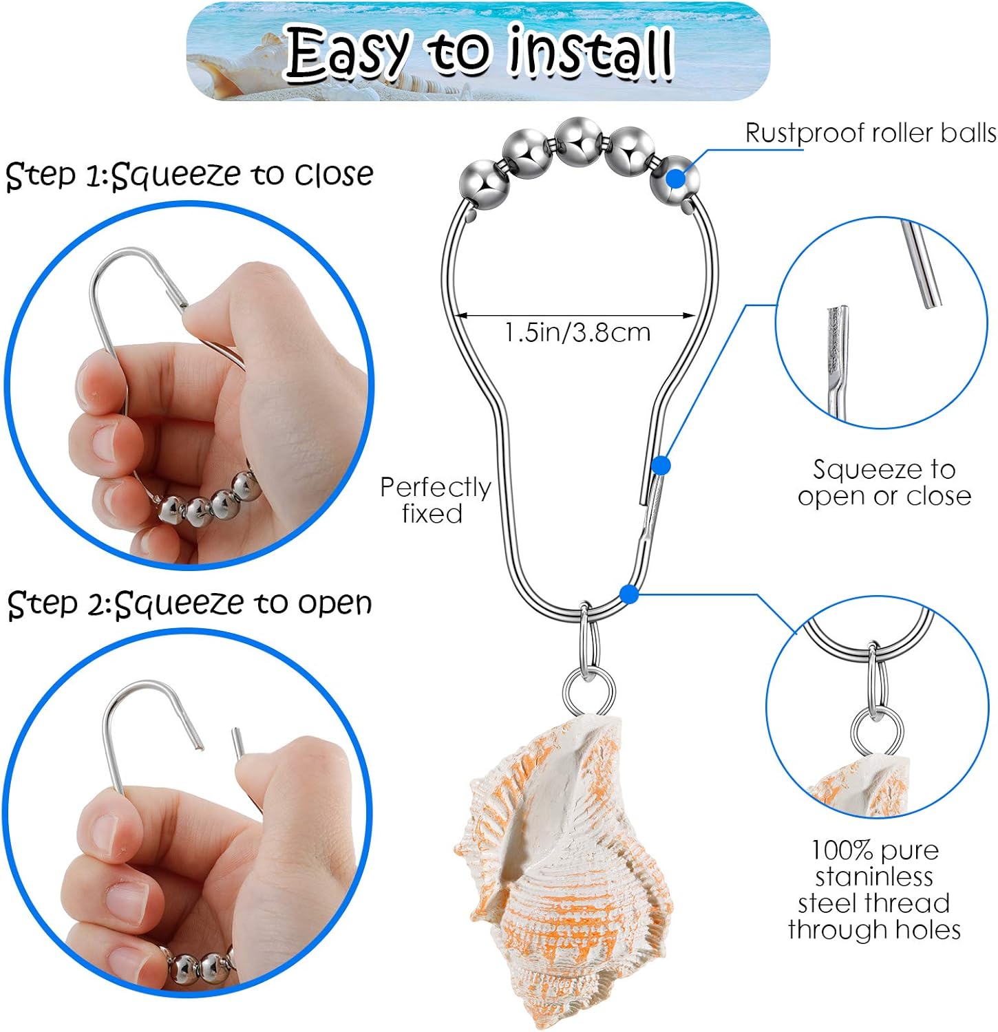 Jetec 12 Pieces Ocean Decorative Shower Curtain Hooks Rust Proof Stainless Steel Shower Curtain Rings for Bathroom and Shower, Ocean Beach Theme Bathroom Decoration, Seashell, Starfish, Conch : Home & Kitchen