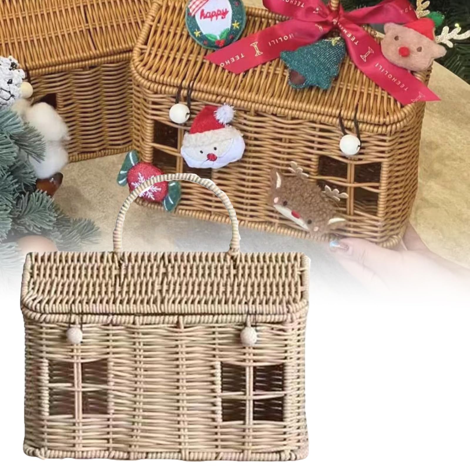 Panier en rotin en forme de maison avec couvercle, étagère de rangement décorative tissée à la main avec poignée pliable, paniers tissés pour pique-nique, Pâques, organisation, rangement (B