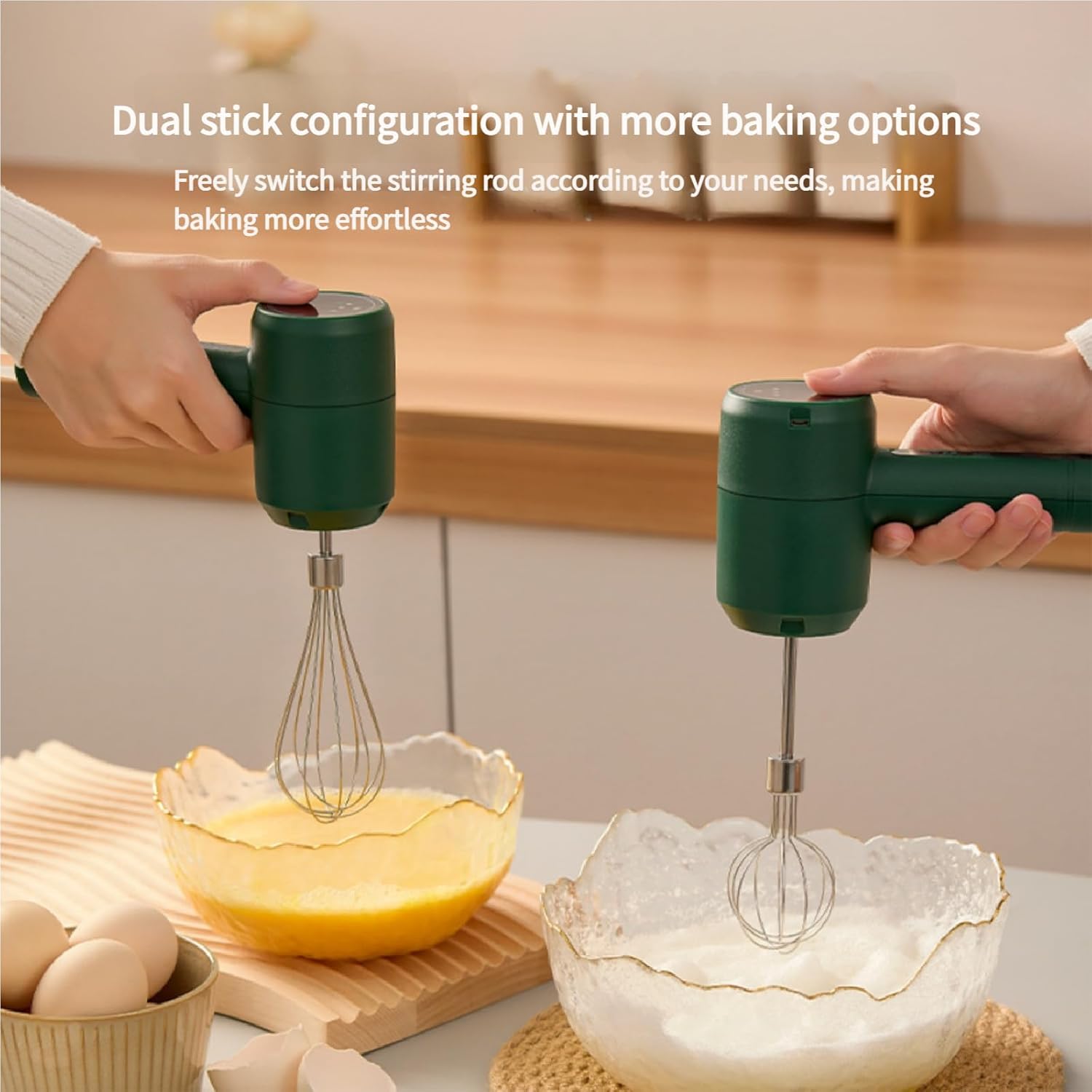 Handheld Electric Beater - 3 Speeds Wireless Egg Whisk for Baking, Mixing & Whipping | Cordless Rechargeable Design with Stainless Steel Double Rods, Lightweight (Emerald Green)