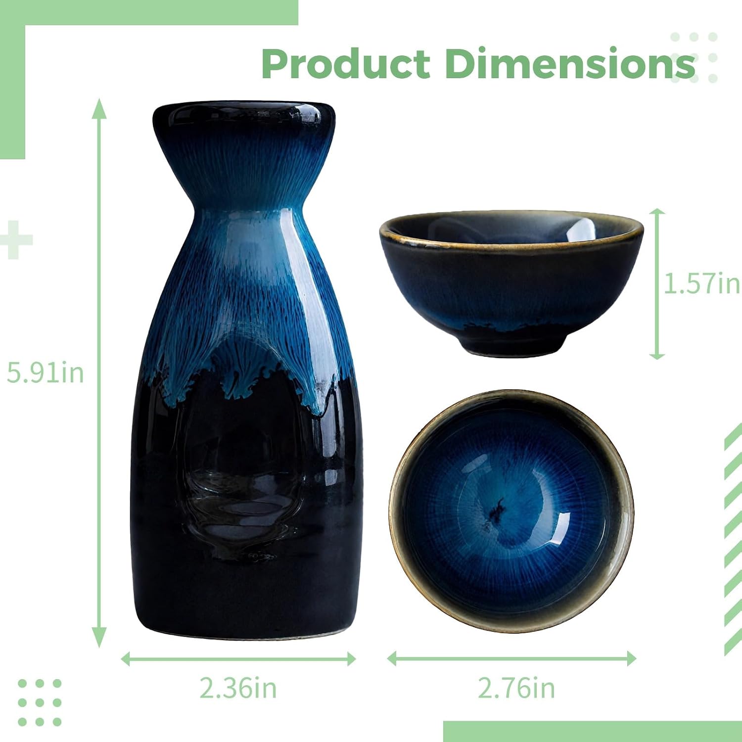 Japanese Sake 5-Piece Set, Ceramic Glasses with Bottle and Cups, Blue, 10.1 Oz / 300 Ml Bottle, 3.4 Oz / 100 Ml Cups, Glazed Pottery, Microwave & Dishwasher Safe