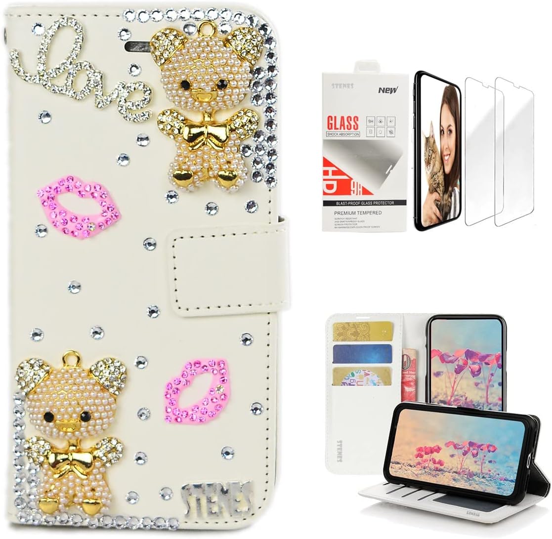 STENES Bling Wallet Case Compatible with Samsung Galaxy S10 6.1 Inch (2019 Release) - Stylish - 3D Handmade Cute Pearl Beer Sexy Lips Leather Case with Wrist Strap & Screen Protector [2 Pack] - Pink