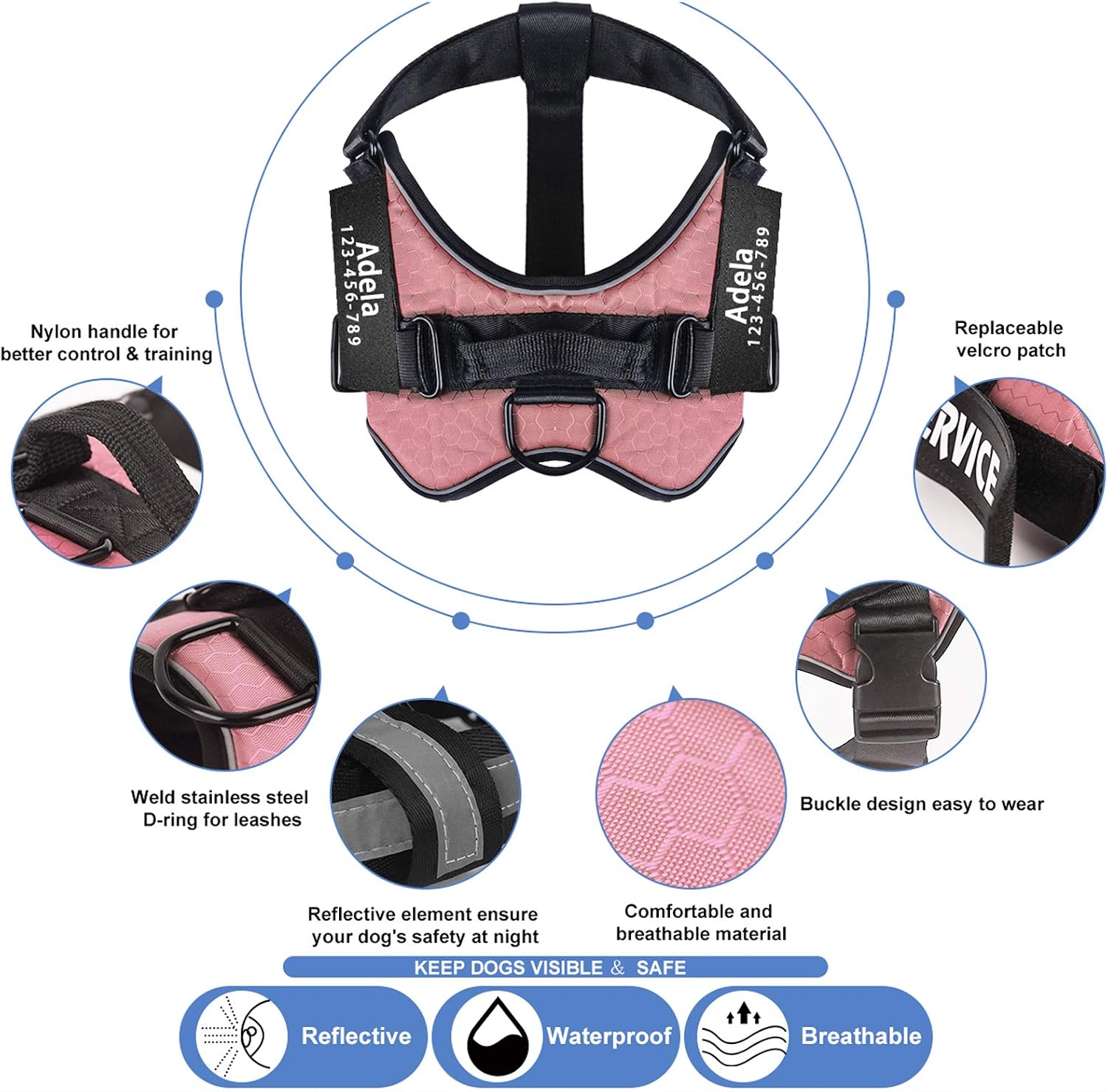 MUMUPET Custom Dog Name and Number Personalized Dog Harness Patch, No Pull Pet Vest Harness 3M Reflective Breathable Adjust Pet Halters with Nylon Handle-No More Tugging for Small Medium Large Dogs