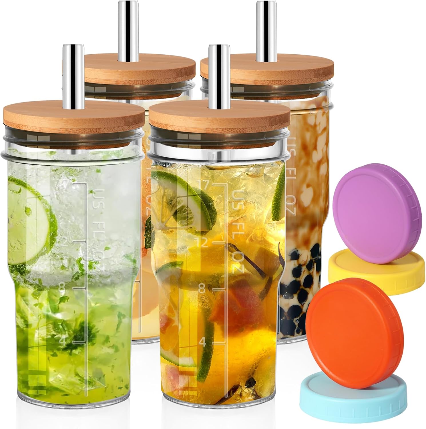 Glass Cups with Lids and Straws, 4 Pack, 20 oz, Wide Mouth Drinking Jars for Bubble Tea, Iced Coffee Cups Glass, Resuable Tumbler for Juice, Smoothie Cup, Tumbler Tea Cup, Drinking Glasses