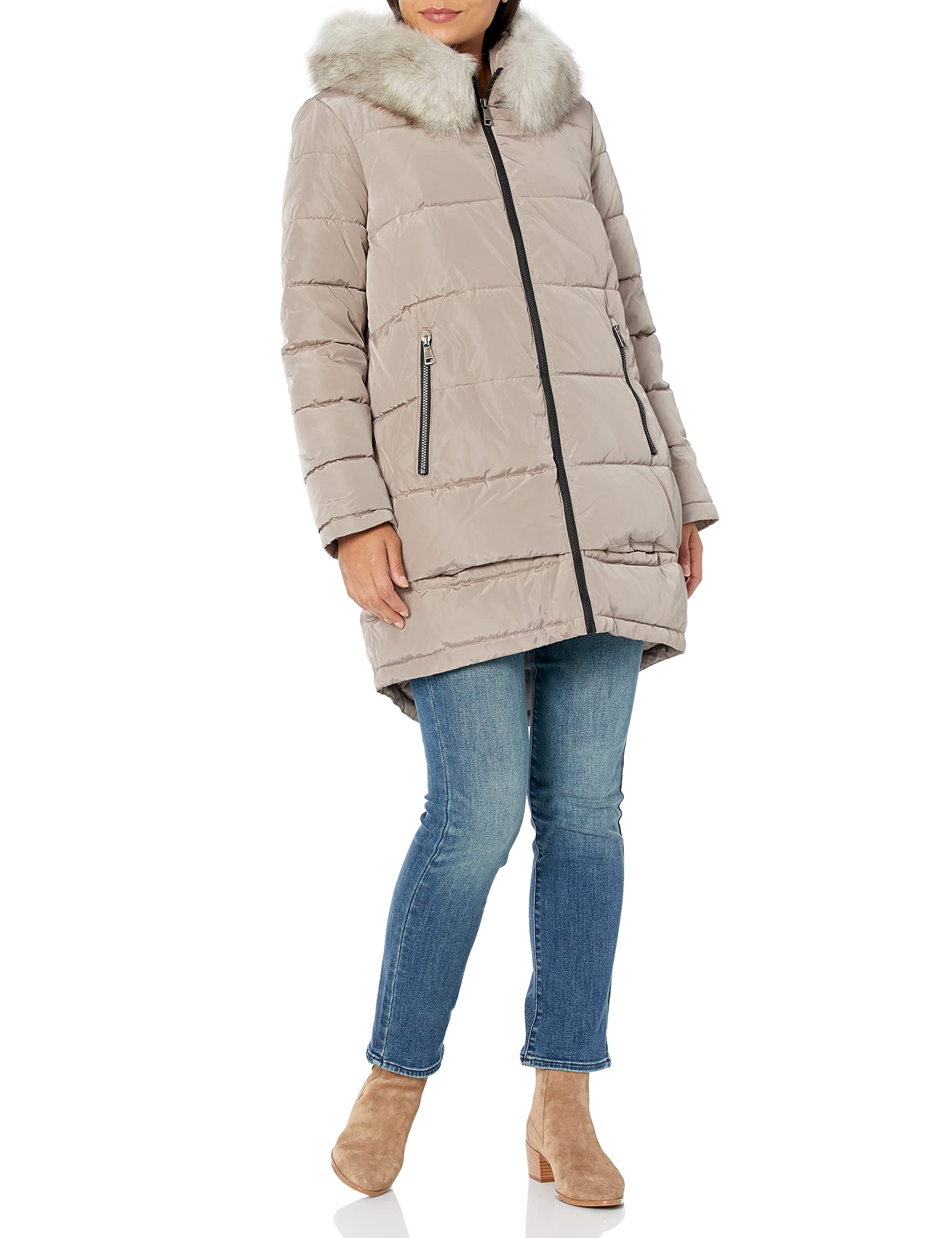Hooded Coat Dkny Grey Puffer Coat DKNY Women's Faux Fur Hood Long