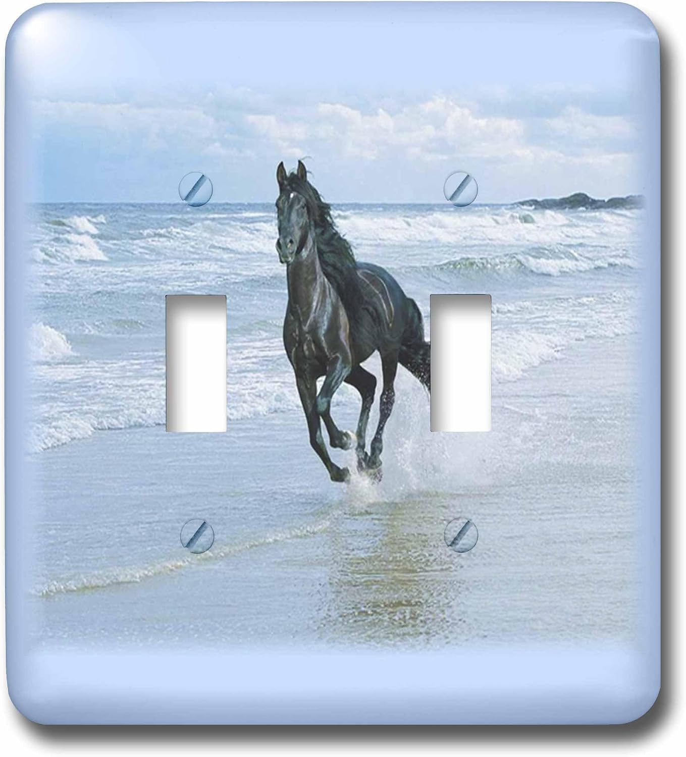 3dRose lsp_38919_6 Two Plug Outlet Cover with Black Horse Racing on Ocean Beach