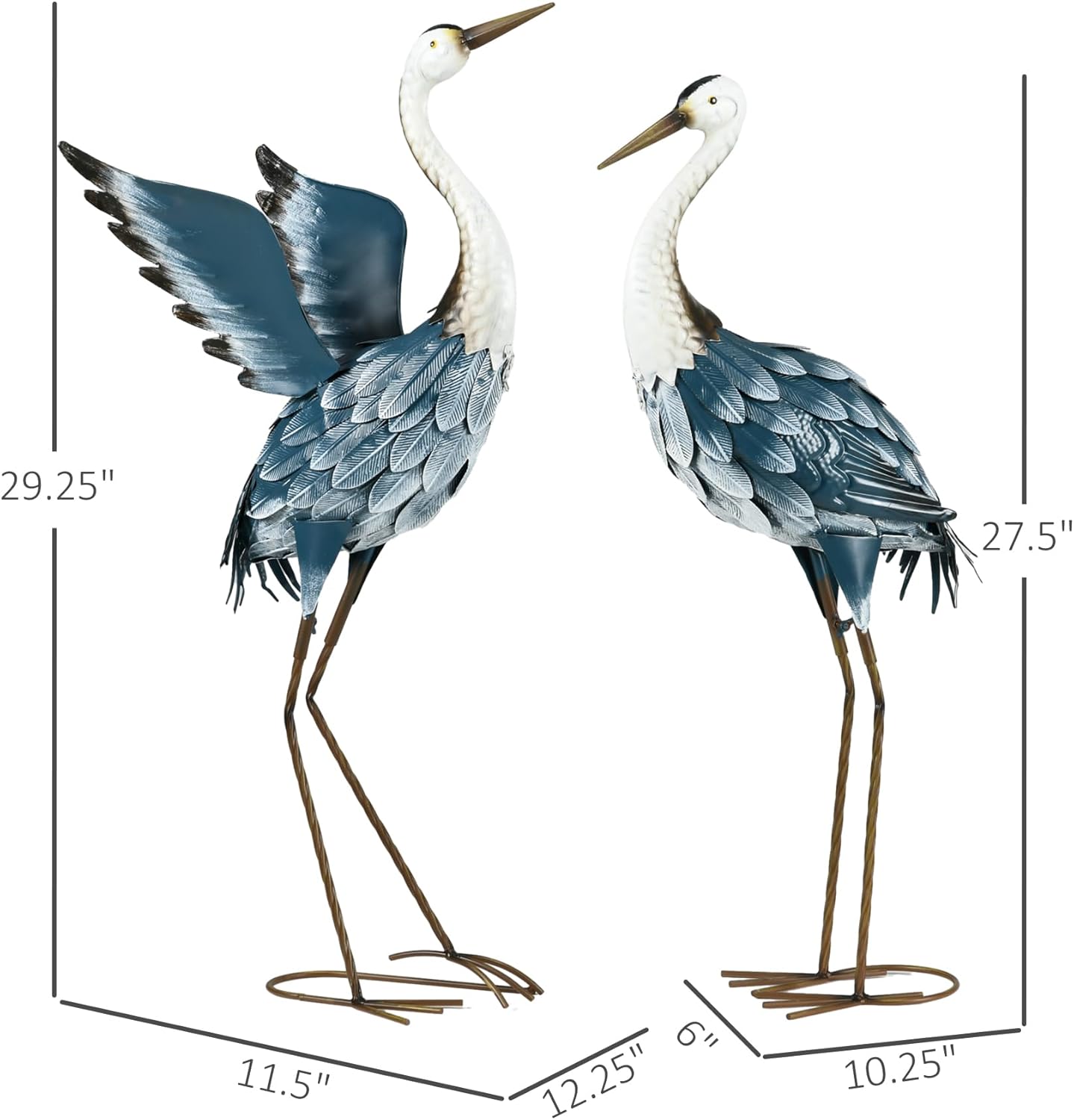Outsunny Heron Garden Statues, 29" & 27.5" Standing Bird Sculptures, Metal Yard Art Decor for Lawn, Patio, Backyard, Landscape Decoration Set of 2, Blue & White