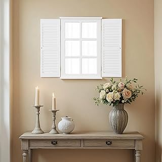Rustic White Window Mirror with Shutters 16 X 24 Inch