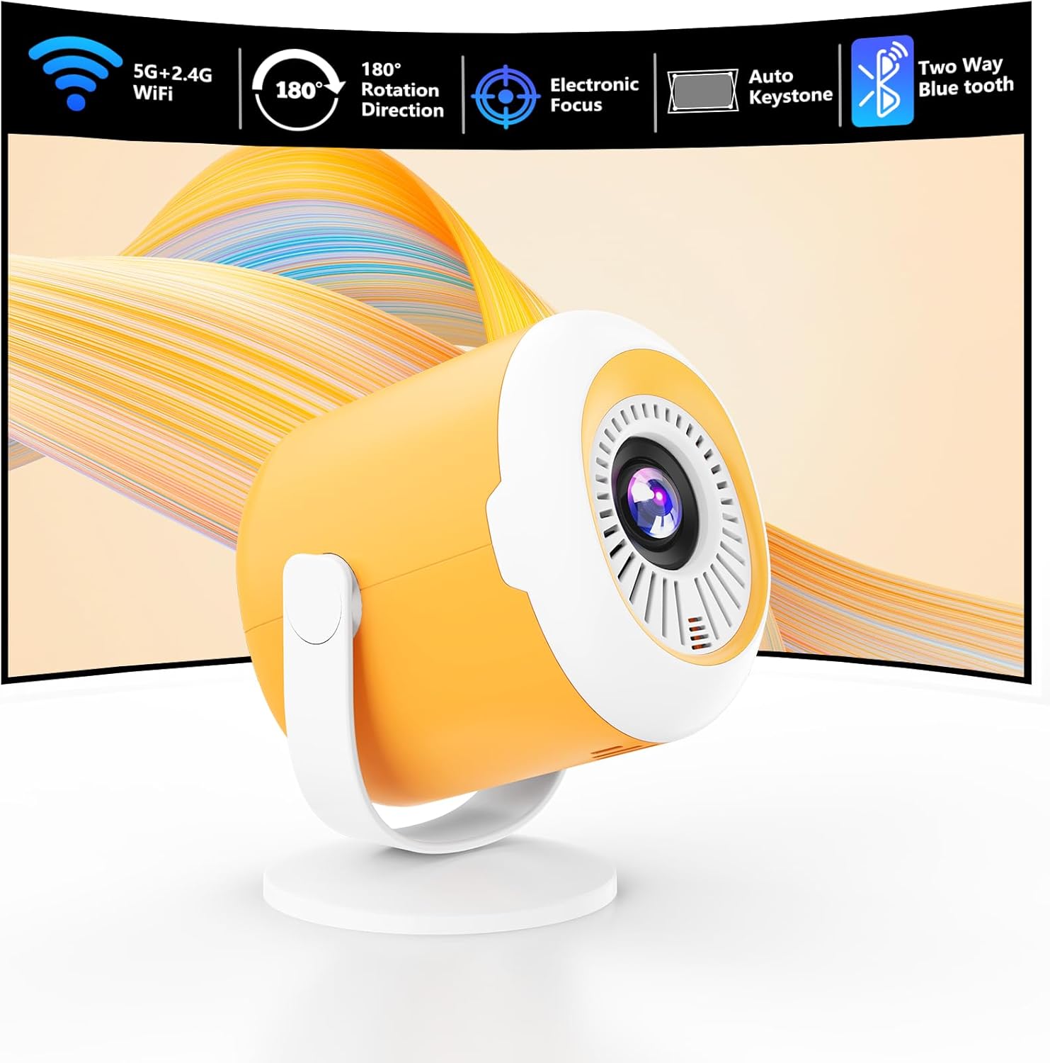Portable Mini Projector with WiFi and Bluetooth Rotatable Movie Projector with Electronic Focus LED Pico Projectors for Home Theater Compatible with Smartphone, TV Stick, Laptop, HDMI, USB