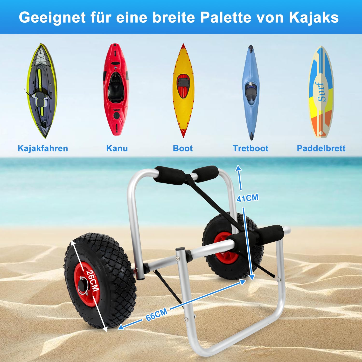Kajakwagen Aluminium, Kanuwagen Faltbare bis 80 kg,Transportwagen für Boote Kanu oder Kajak,Bootswagen mit Spannriemen,Tragbar Kajakwagen,Bootstrailer für Kanu und Kajakliebhaber