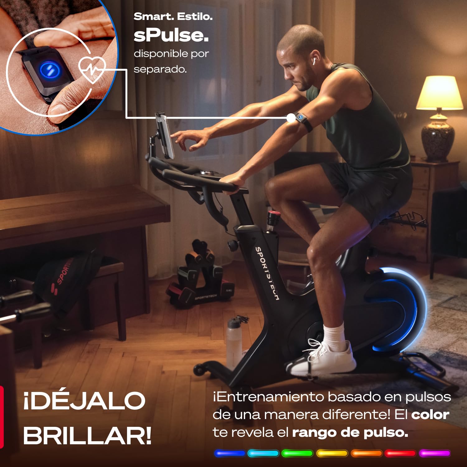 Sportstech sBike Lite - Bicicleta estática inteligente con LED + aplicación con cursos en vivo y bajo demanda y soporte de tableta de 360° para entrenamiento completo del cuerpo, ergómetro para
