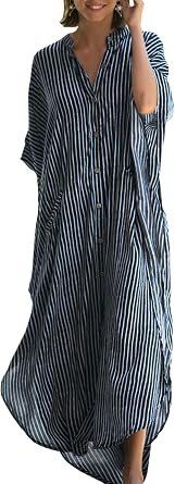 Chunoy Womens Button Down V Neck Kimono Sleeve Long Kaftan Beachwear Cover Up Maxi Dress