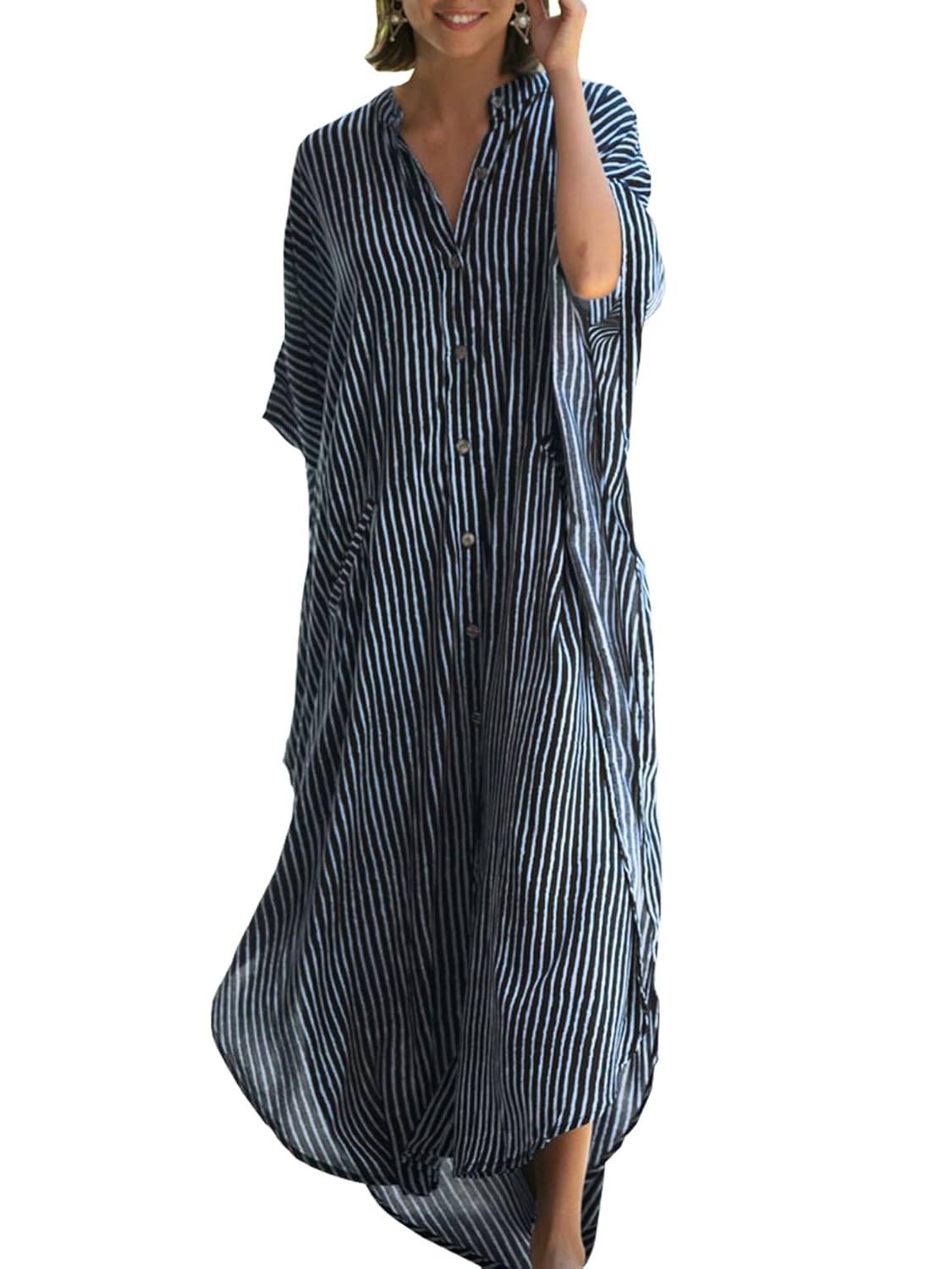 Chunoy Womens Button Down V Neck Kimono Sleeve Long Kaftan Beachwear Cover Up Maxi Dress