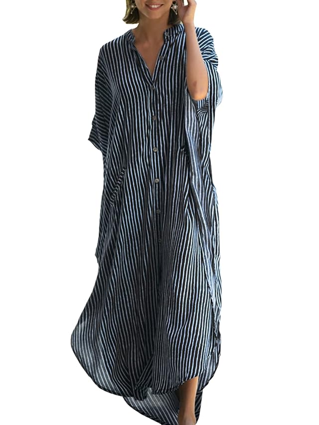 Chunoy Womens Button Down V Neck Kimono Sleeve Long Kaftan Beachwear Cover Up Maxi Dress