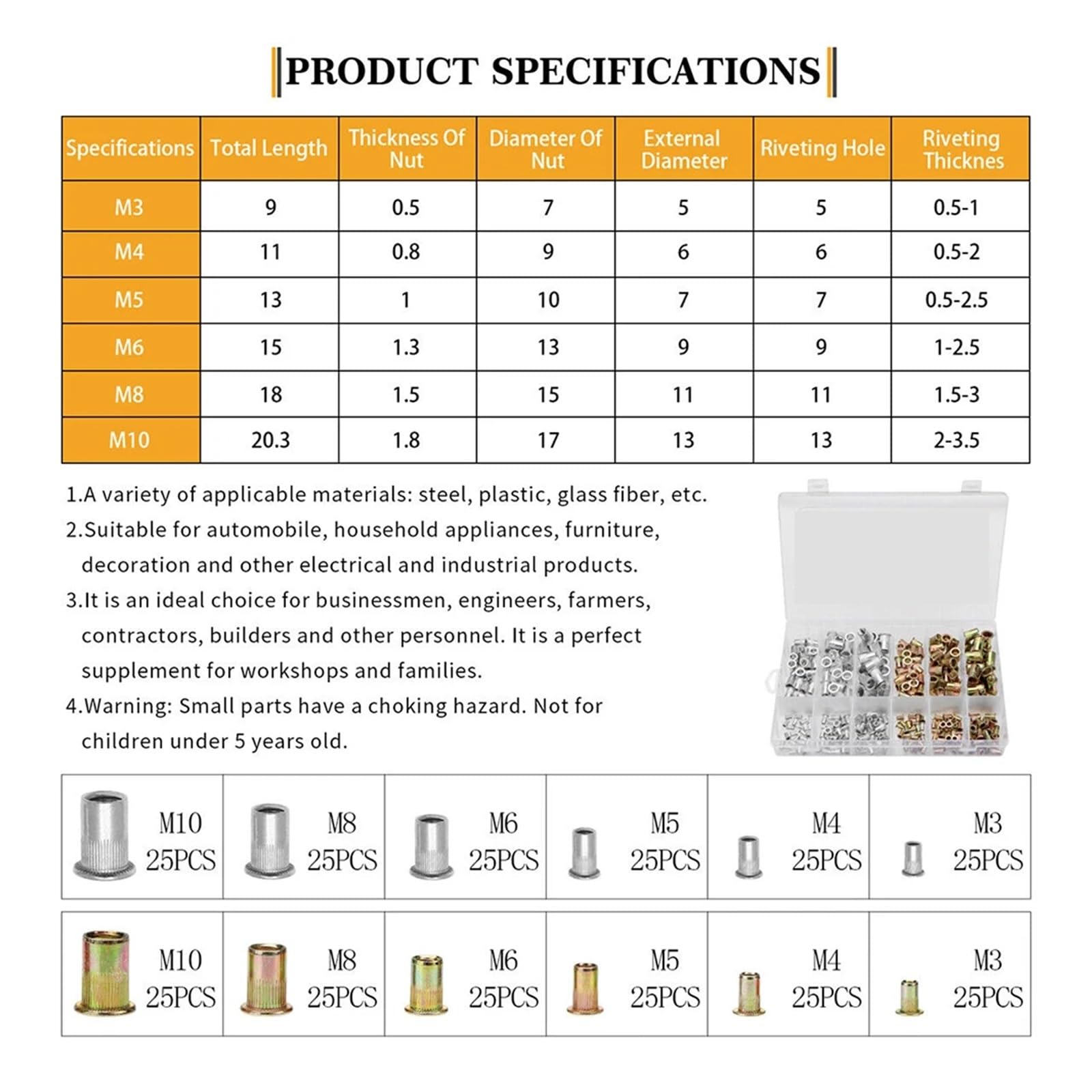 300 Pieces Aluminum Flat Head Nuts + Color Zinc Carbon Steel Rivet Nuts Classification Kit M3 M4 M5 M6 M8 M10 Combination Set
