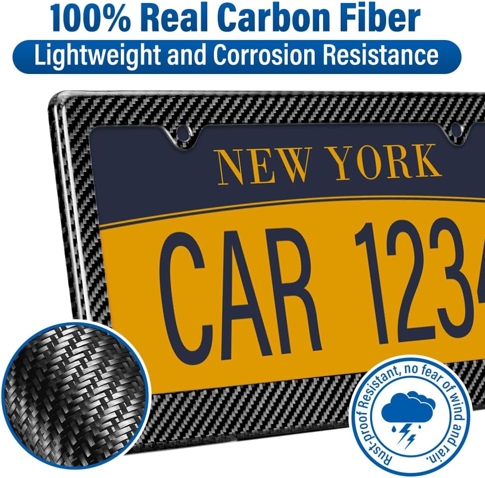 Universal Car Carbon Fiber License Plate Frame, US Car Tag Holder Cover with Screw Caps(2 Holes)