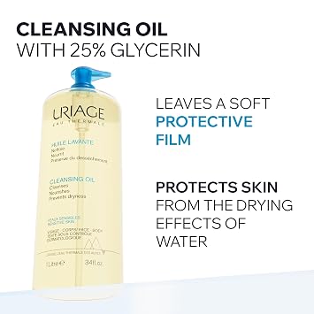 Uriage Shower Oil Soap Free with Glycerine 25% - 2-in-1: Cleanses Gentle & Moisturises - for the Whole Family - Face & Body - Soap-Free Physiological pH Value Sensitive Skin - 1L