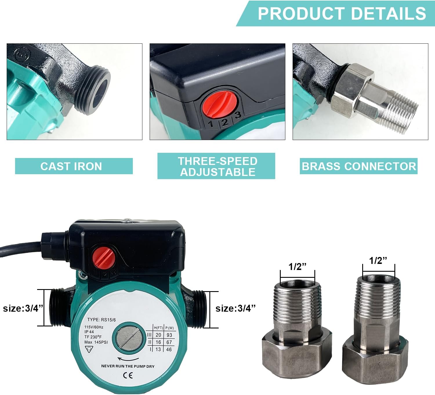 Water Recirculating Pump 115V,145PSI Heat Circulation Pump for Solar Heater System,3-Speed Control Red Hot Water Pump for Boiler House Industrial Equipment