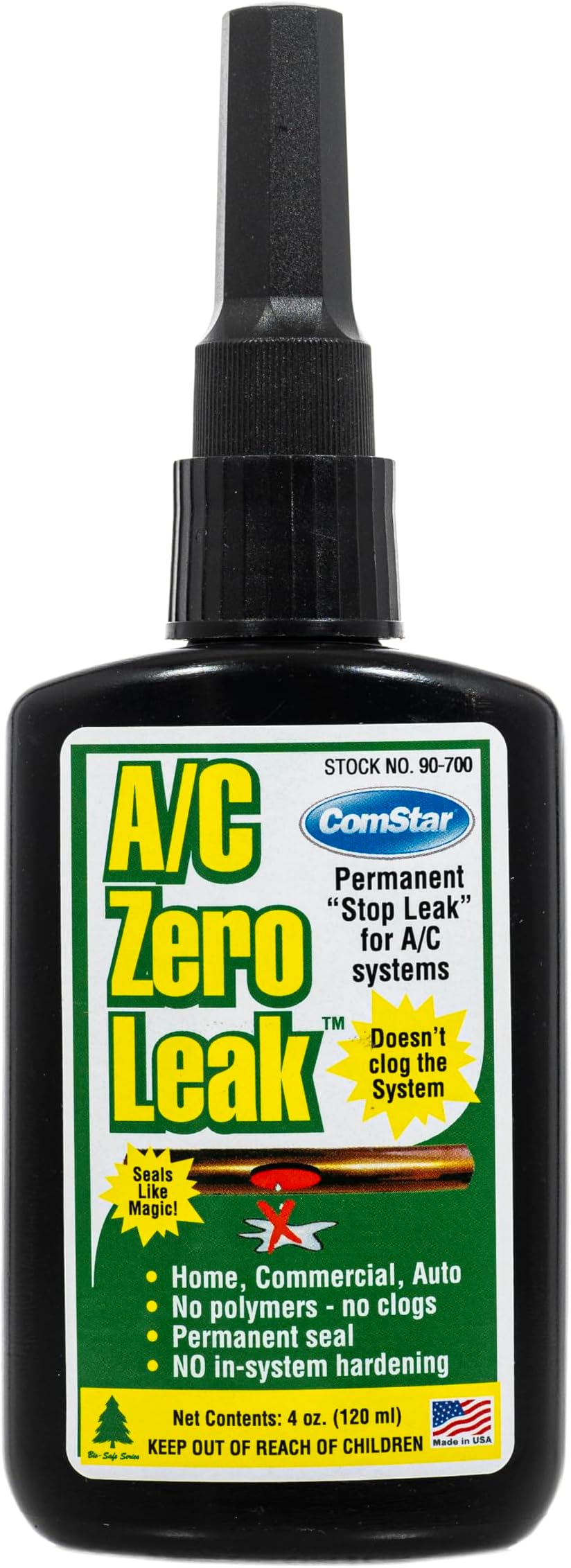ComStar A/C Zero Leak, Fluorescent Yellow 4 Oz, Permanent "Stop Leak", Non-Polymer Formula for Automotive, Commercial & Residential HVAC, Prevents Clogs, Compatible with All AC Lubricants (90-700)