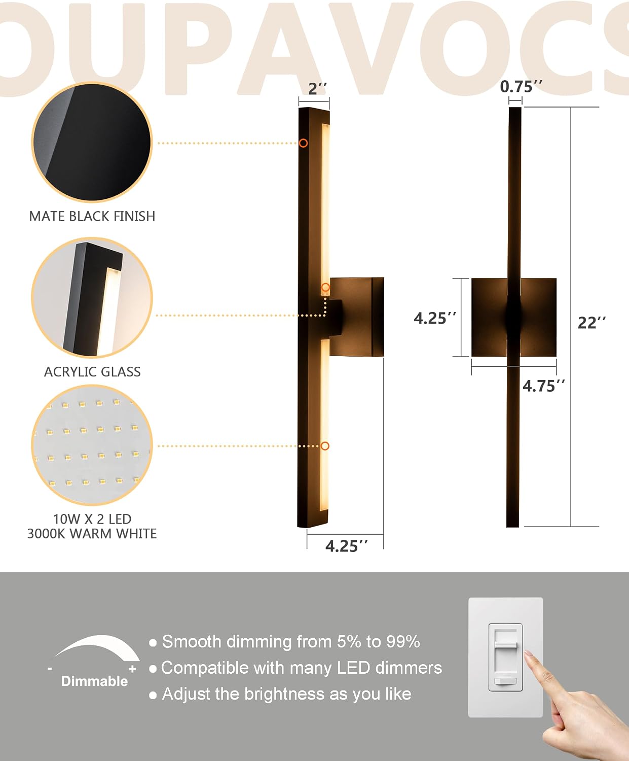 Modern 22 inch Outdoor Led Wall Sconce, 10W Exterior Lights Fixture with Acrylic Glass, Black Porch Light Wall Mount 3000K for Patio, House,Garage, 1PACK
