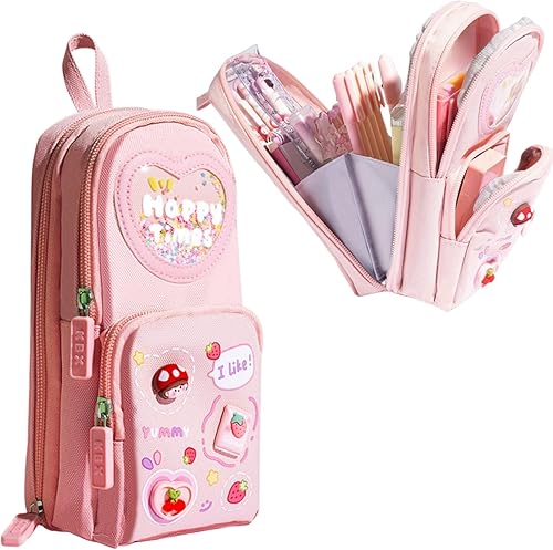 Miniatura 10 de Estuche de cartón lindo con diseño de oso y conejito de fresa, helado, 3 capas, gran capacidad, estuche organizador de cosméticos (púrpura-1)