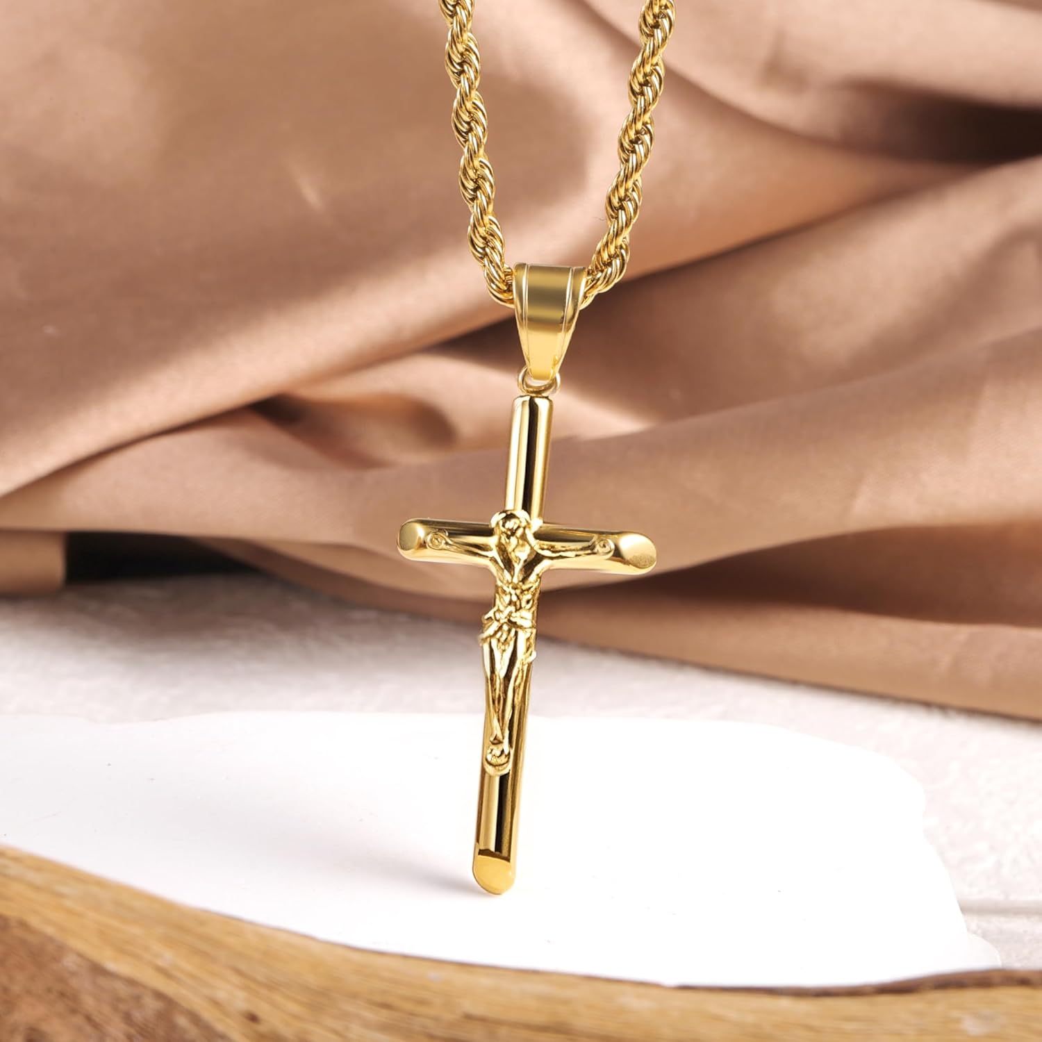 ALEXCRAFT Sterling Silver Plated Cross Necklace for Men Gold Plated Cross Necklaces for Women Trendy Stainless Steel Crucifix Pendant with 3mm 21inch Rope Chain - Image 6