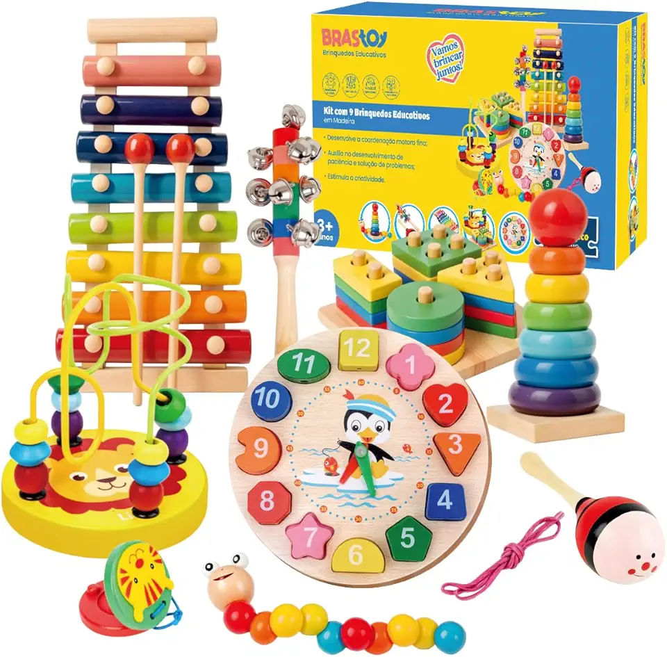 Brastoy Madeira Instrumentos Musical Set de Percussão Brinquedos Infantil Montessori Educativo