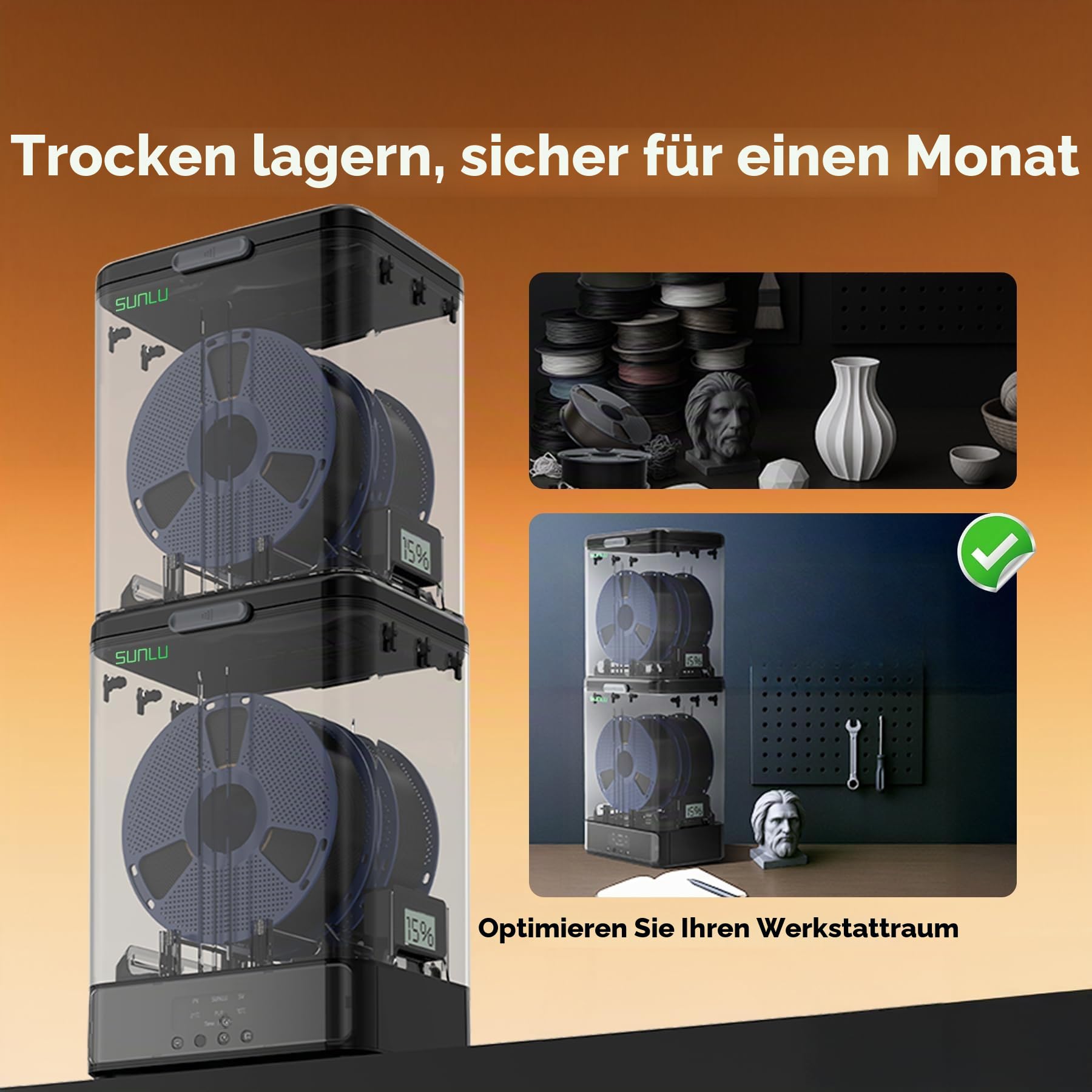 SUNLU Filament Trockner & Aufbewahrung Box SP2, 2-Rollen 3D Drucker Filament Dryer, 70℃ Max Temperatur mit 360° Heizung für 3D Filament Trocknen, kompatibel mit 1,75 mm PLA PETG TPU ABS PA PC