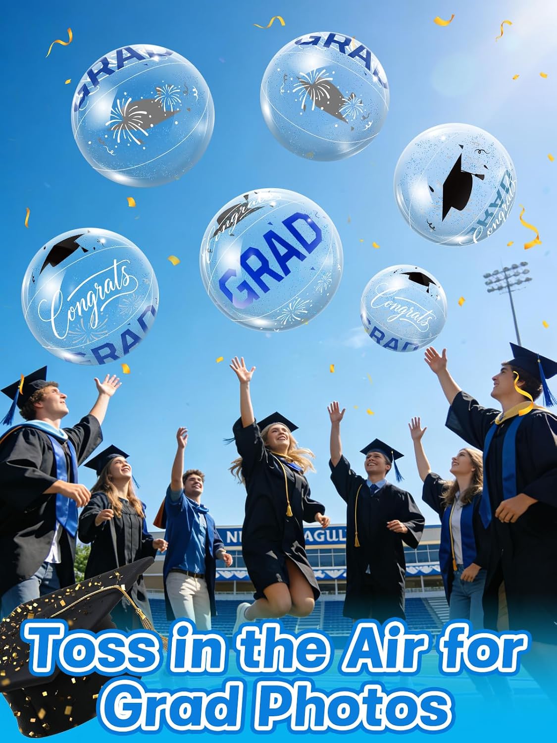 Apipi 6 Pcs 16 Inch Large Graduation Beach Balls - Congrats Grad Inflatable Beach Balls with Blue Confetti, Pool Floats for 2026 Graduation Party Decorations and Favors