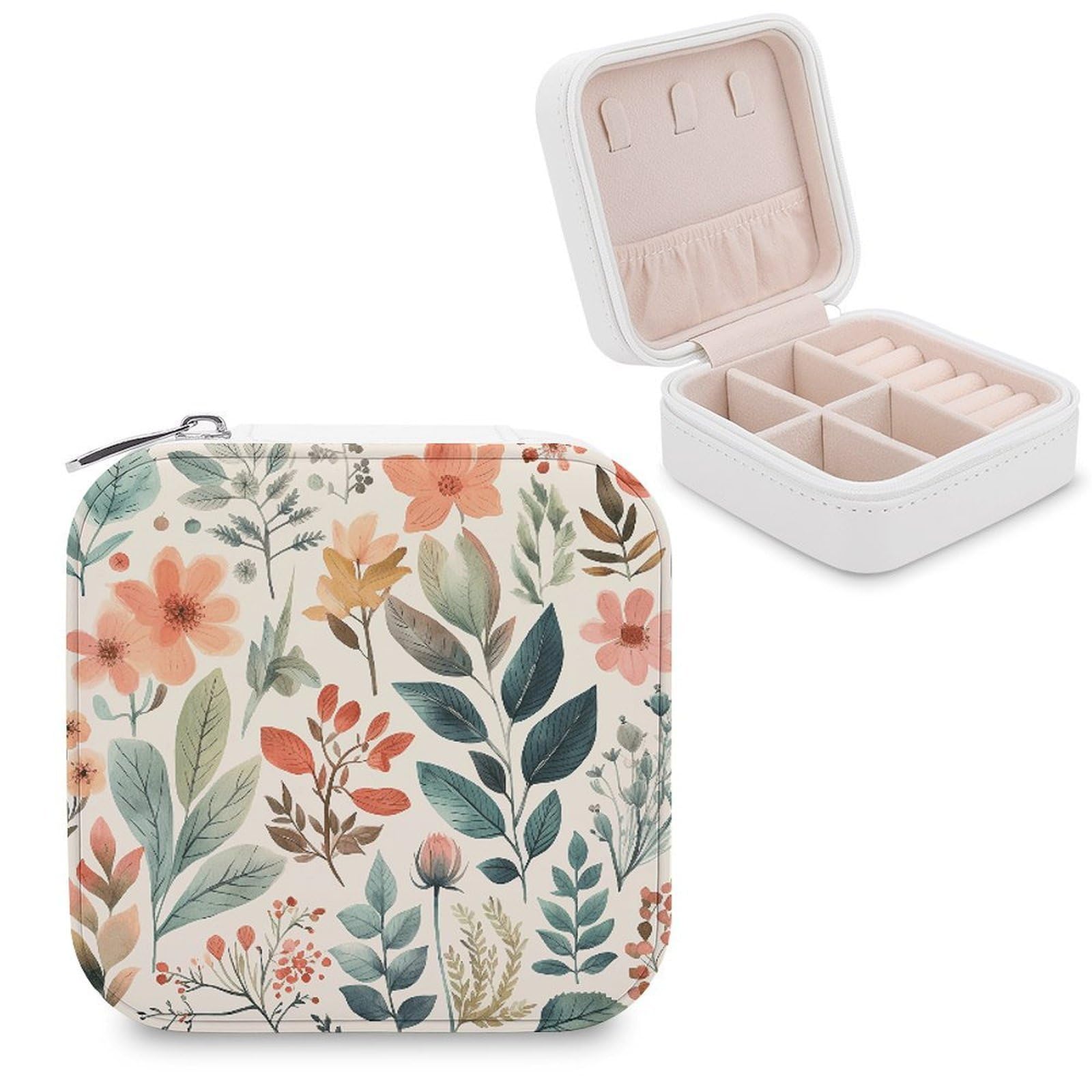 VstaDank Watercolor Flowers Travel Jewelry Case Zipper Portable Small Jewelry Box Custom Pu Leather Mini Traveling Jewelry Organizer for Rings Earrings Necklace Bracelet Girls Women