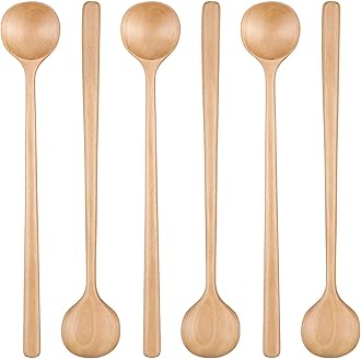 Patelai 6 Pcs 11 inch Long Spoons Wooden Long Handle Round Spoons Korean Style Soup Spoons for Soup Cooking Mixing Stirring Kitchen Tools Utensils