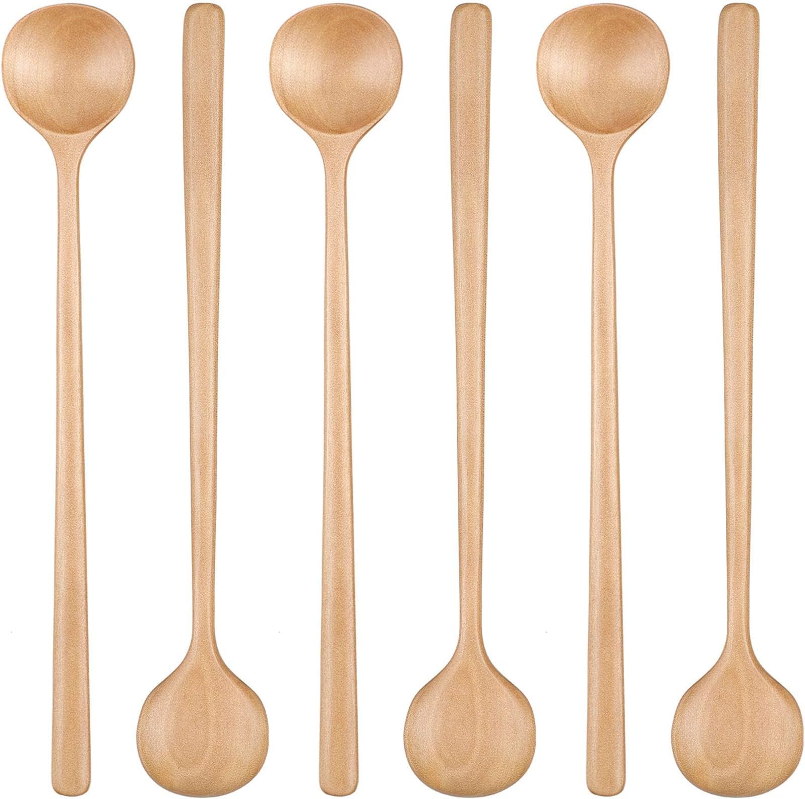 Patelai 6 Pcs 11 inch Long Spoons Wooden Long Handle Round Spoons Korean Style Soup Spoons for Soup Cooking Mixing Stirring Kitchen Tools Utensils