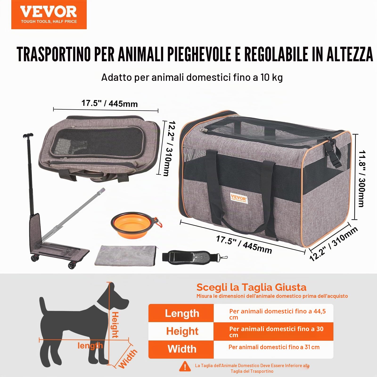 VEVOR Trasportino per Cani e Gatti con Maniglia Telescopica e Ruote, Carico Massimo 9,9 kg Borsa Porta Animali Domestici Approvato dalla Compagnia Aerea, Tessuto Oxford 600D Cerniera Autobloccante