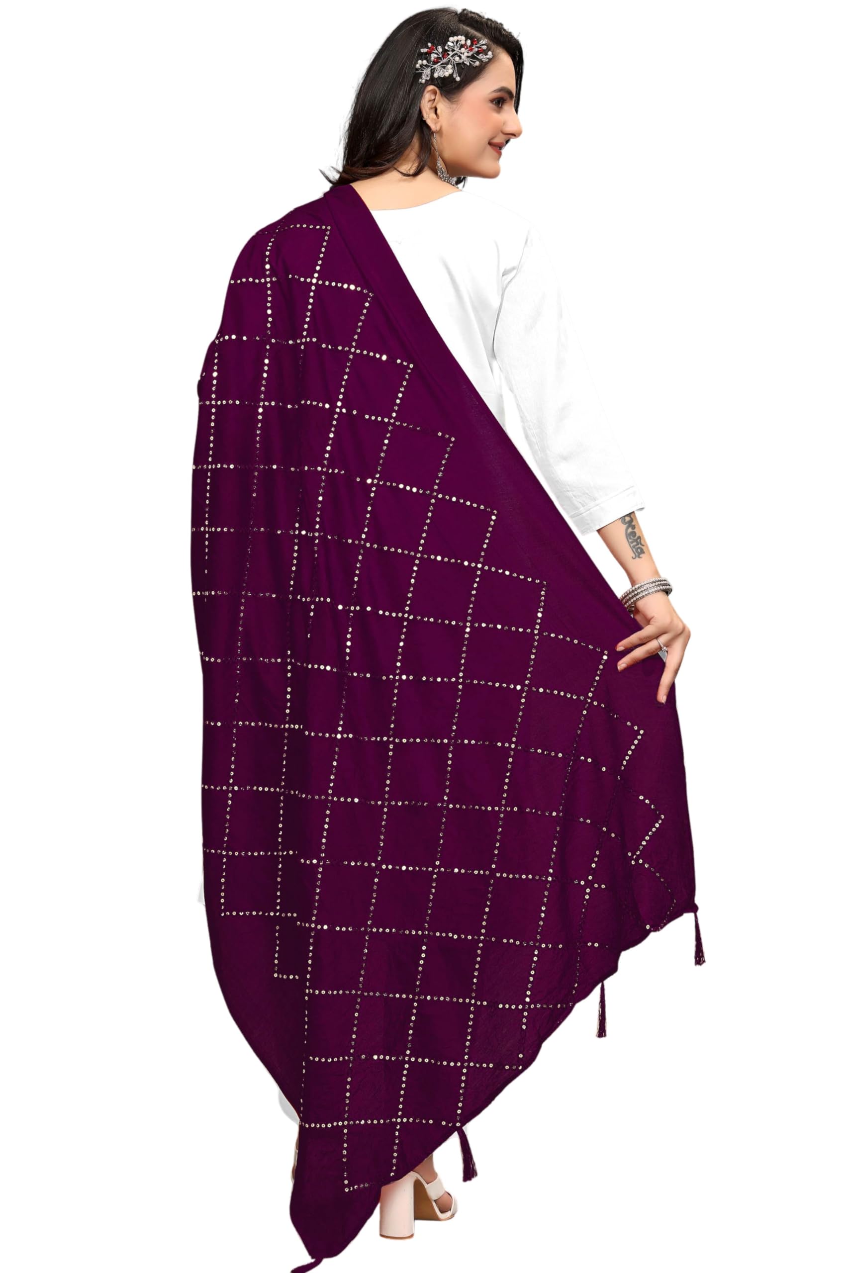 kemza Women's Embroidered Cotton Mirror Dupatta in Checks Pattern-picture-17