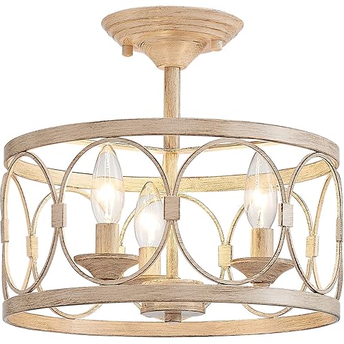 LOOYD 3-Light Retro Farmhouse Semi Flush Mount Ceiling Light Fixture, Vintage Beige Ceiling Light for Bedroom, Living Room, Kitchen, Hallway