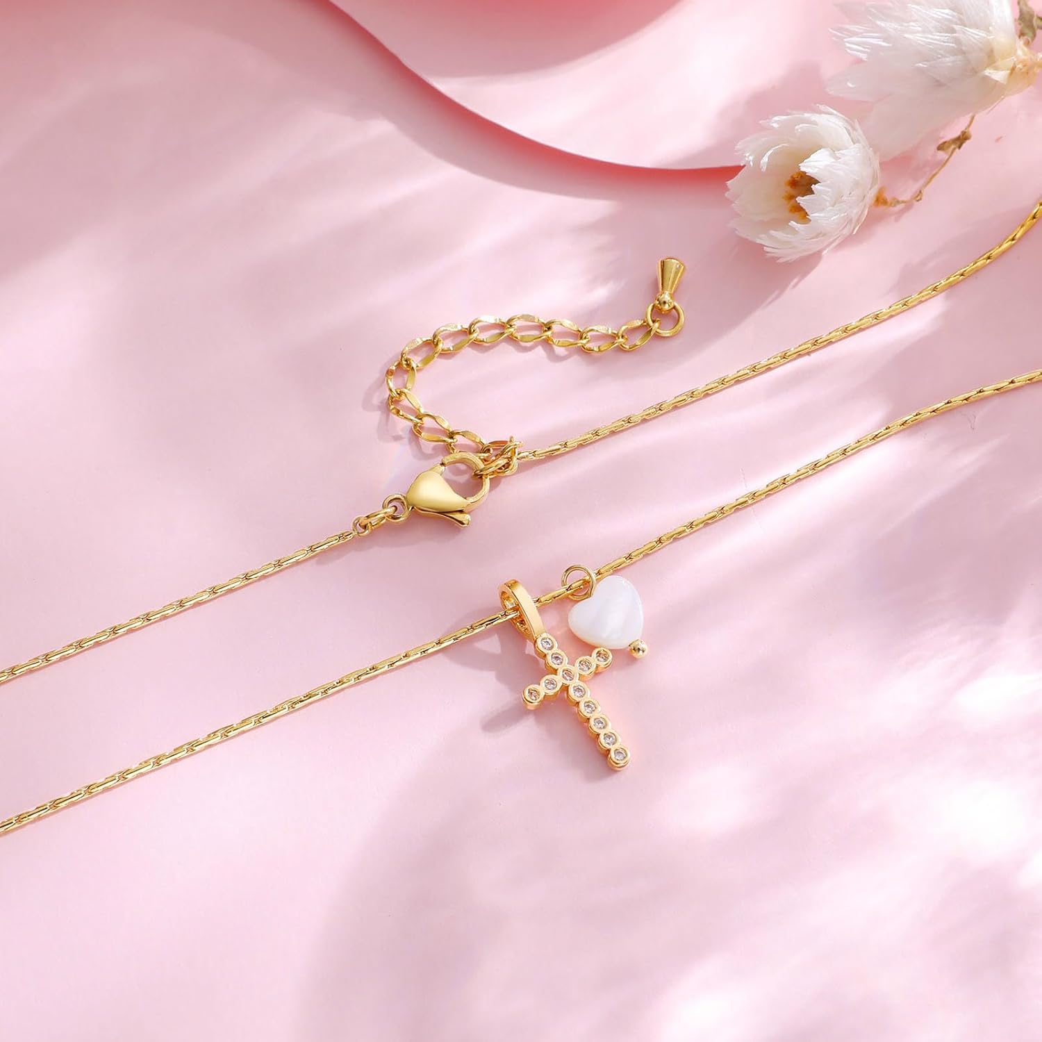 Gold Plated Pearl Heart Cubic Zirconia Cross Pendant Chain Necklace Christening Jewelry Baptism First Communion Confirmation Easter Christmas Gifts for Girls Teens Kids - Image 6