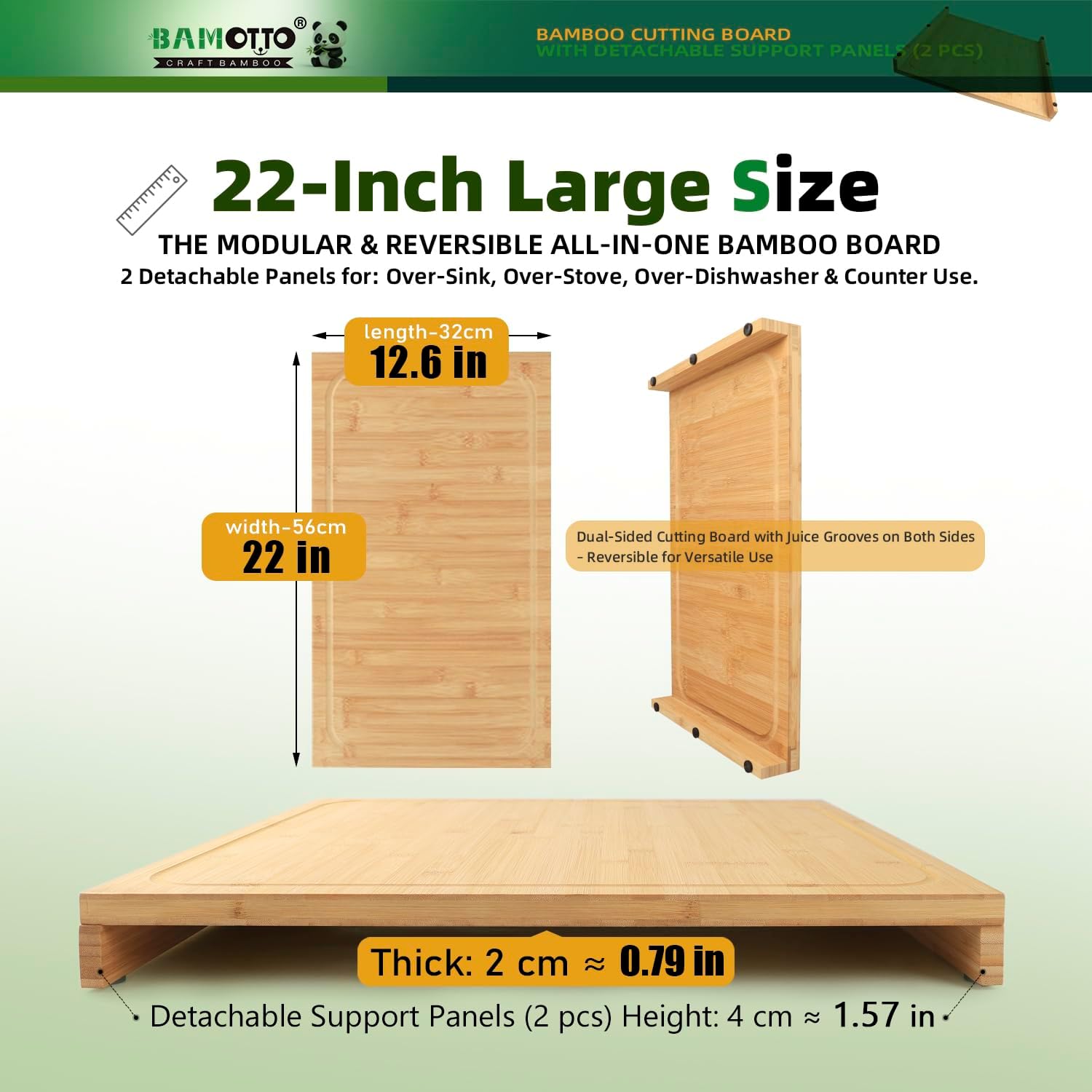 12.6x22 Inch Large Bamboo Cutting Board, Countertop Dishwasher Cover, Over Sink & RV Stovetop Cover Board with 2 Detachable Support Panels, Reversible with Juice Groove