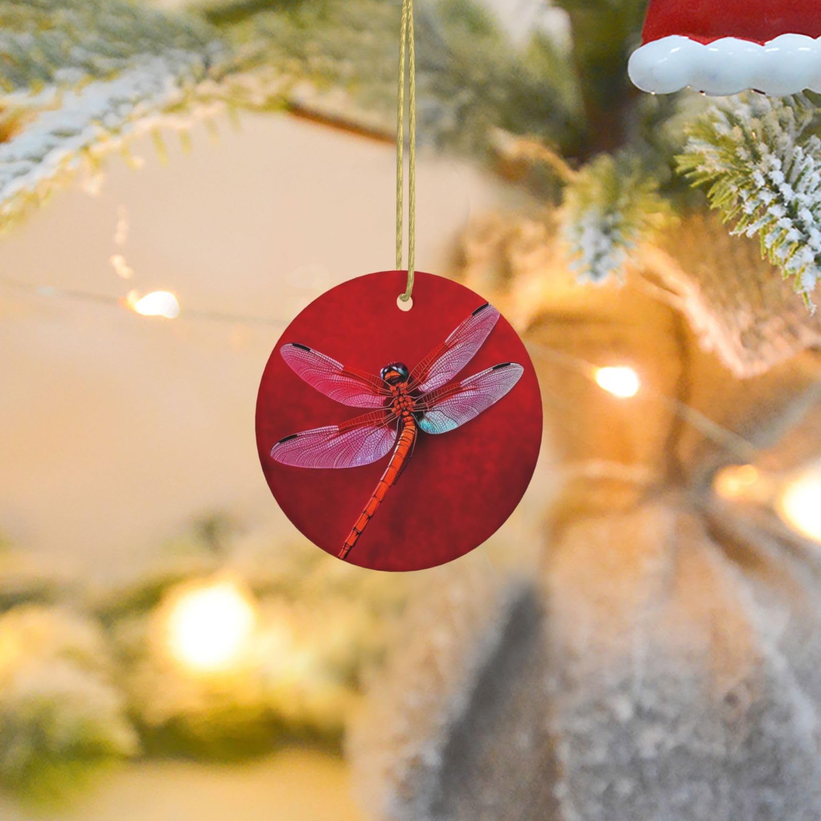 Christmas Ornaments for Christmas Tree Decoration Ceramic Hanging Dragonfly on Red Background Ornament with Gold Ribbon Crafts Round Pendant for Keepsake Gifts Glass Xmas Decor Party Supplies