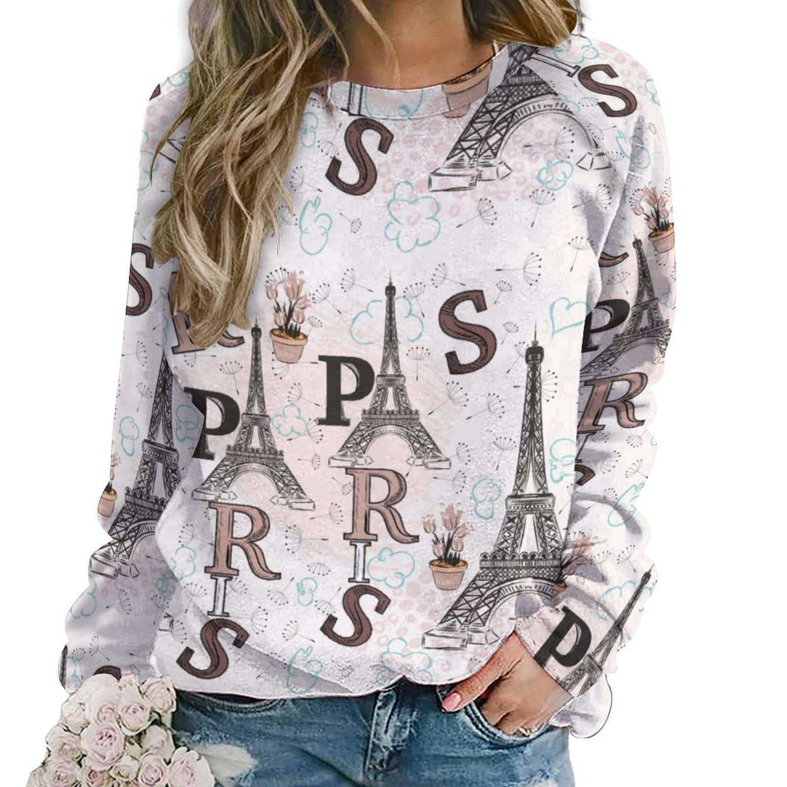 JZemdybill Casual Ladies Jumper, Paris Eiffel Tower Floral Sweatshirts for Women, Crewneck Long Sleeve Top