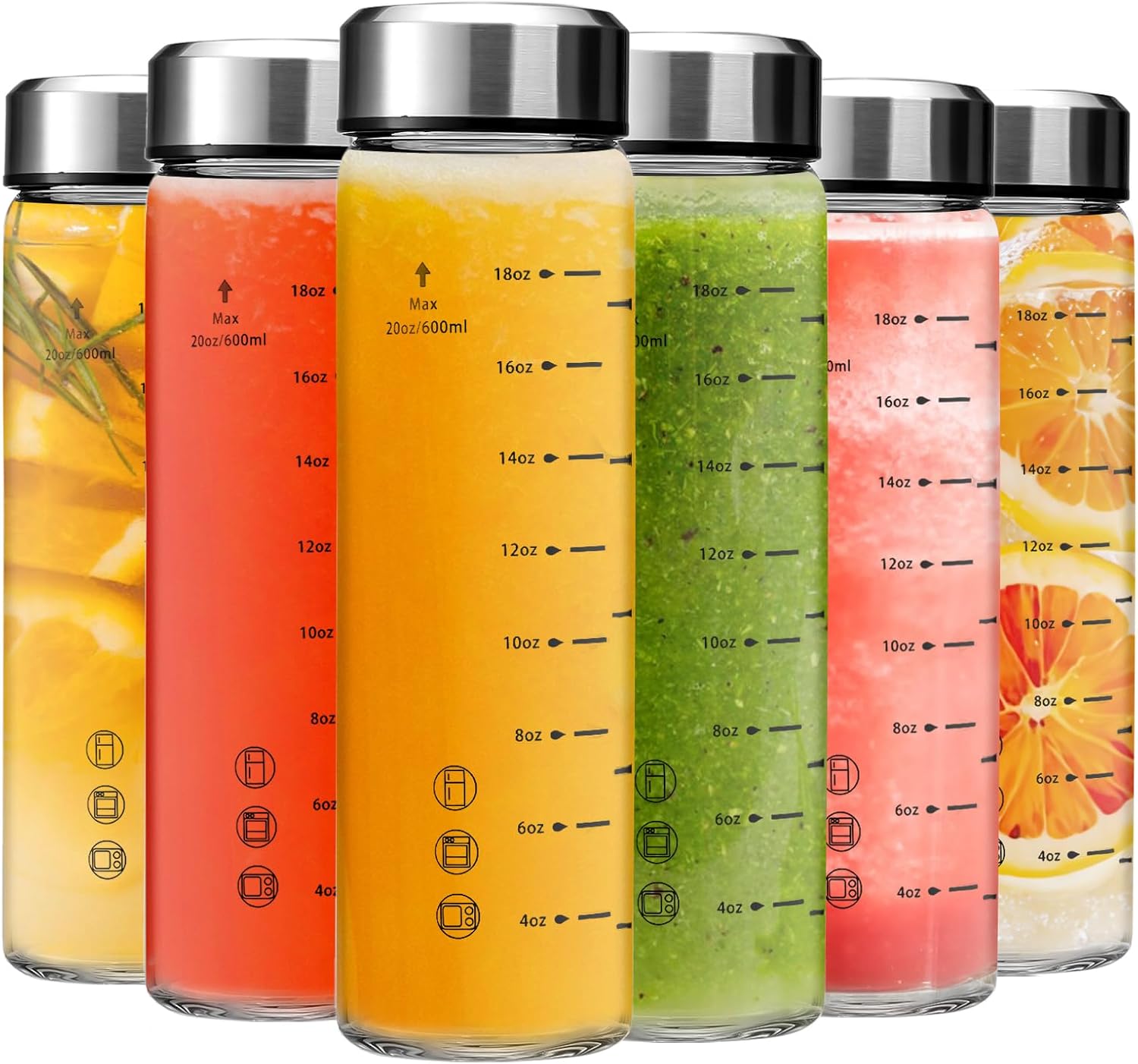 16oz Glass Juice Bottles - 6 Pack Wide Mouth Glass Bottles with Lids- BPA Free, Stainless Steel Lids for Juicing, Smoothies, Infused Water, Beverage Storage - Leakproof, Borosilicate, Clear