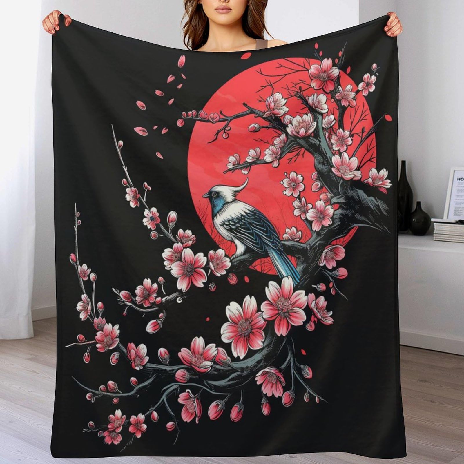 Couverture polaire art japonais cerisier plaid doux 140x180 à offrir