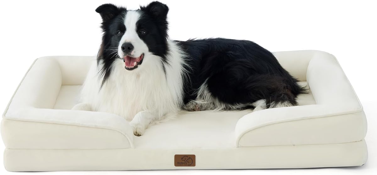 Bedsure Orthopedic Dog Beds Large Sized Dog with Removable Washable Cover | 35" Classic Big Dog Couch Sofa Waterproof, Comfy Bolster Sides, Nonslip Bottom, Cozy Pet Bed for Cats, Senior Dogs, Beige
