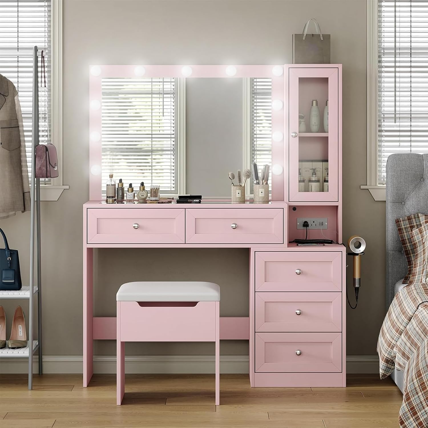 CollaredEagle 43" W Vanity Desk with Mirror & 11 Lights, 5 Drawer Modern Makeup Desk with Glass top & Cushioned Stool, 3 Lighting Modes Brightness Adjustable,Power Outlet,Bedroom, Pink