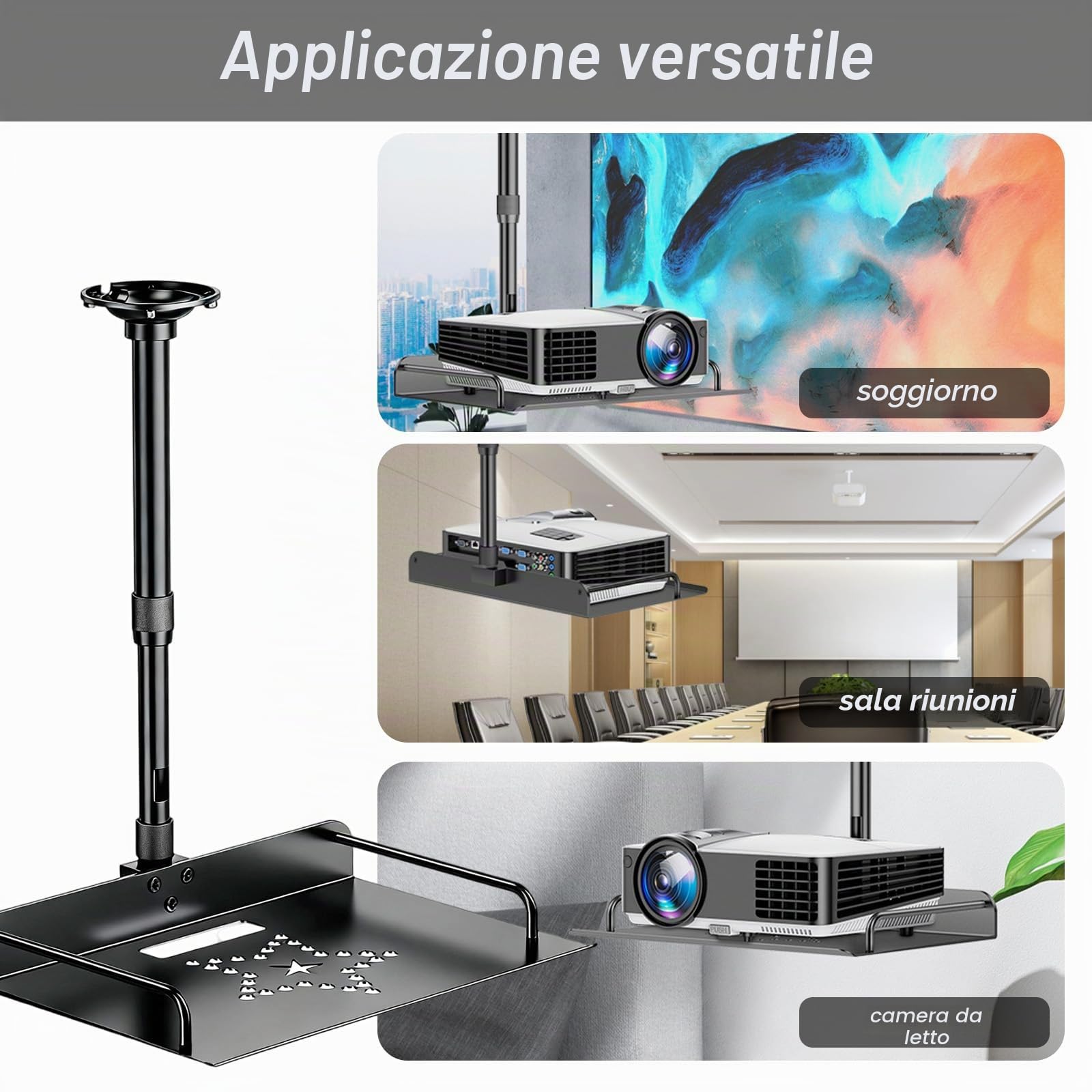 Supporto Universale a Soffitto per Proiettore, Regolabile in Altezza 30-60cm con Gestione Cavi, Staffa Soffitto Stabile per Gruppentreffen Home Cinema & Ufficio (Nero)