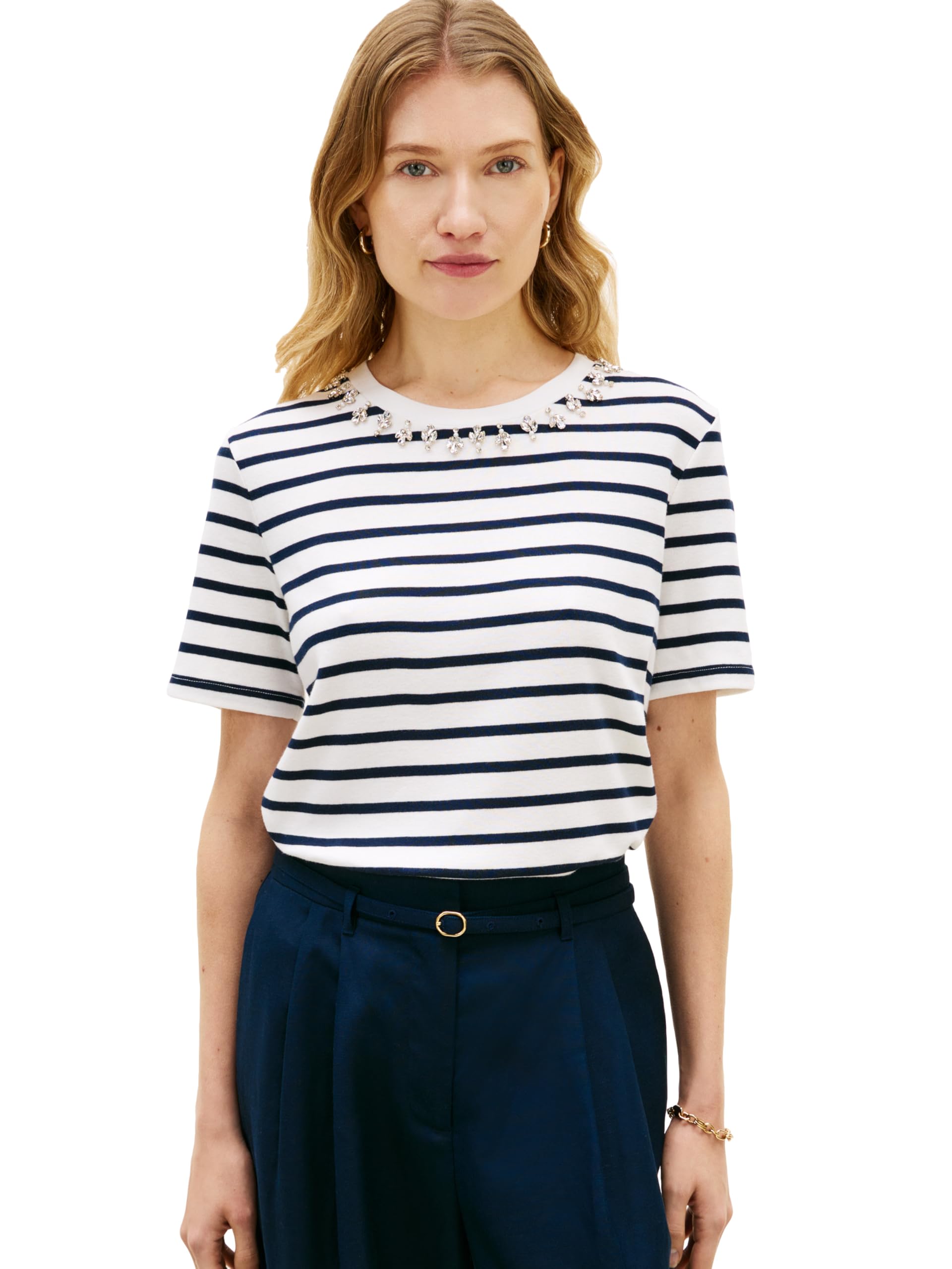 Womens Short Sleeve Cotton Crew Neck T-Shirt with Collar Embellishment