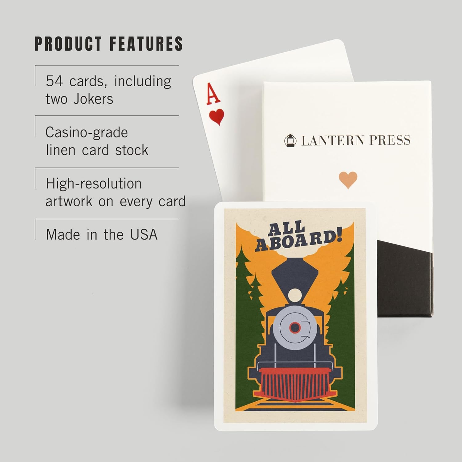 Lantern Press Train, All Aboard, Woodblock, 52 Playing Cards for Adults, Poker Size Card Deck