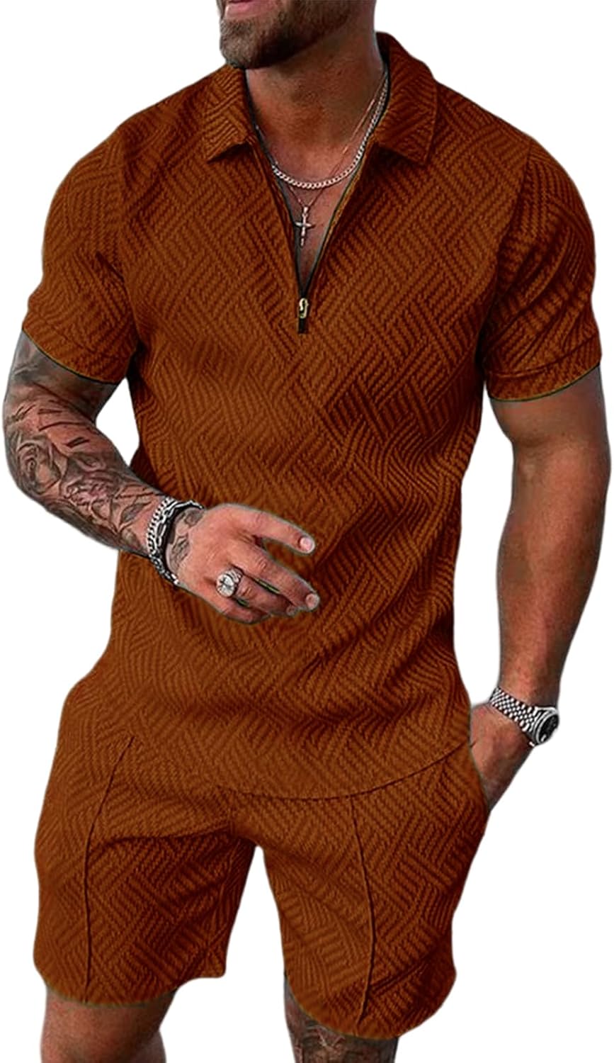 PICKLION Mens 2 Piece Zip Tracksuit Polo Shirt and Shorts Sets Short Sleeve Summer Casual Outfit