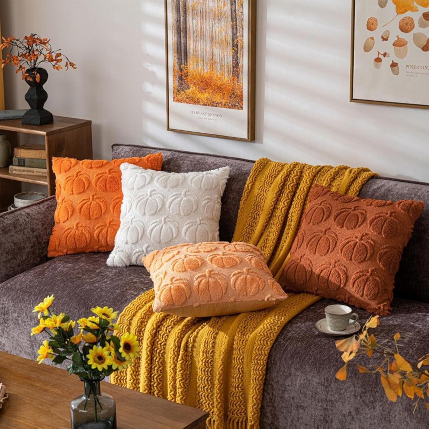 COZZSNUGE Thanksgiving Cushion Covers Set Of 4 - 45x45 Cm Pumpkin Turkey Harvest Design