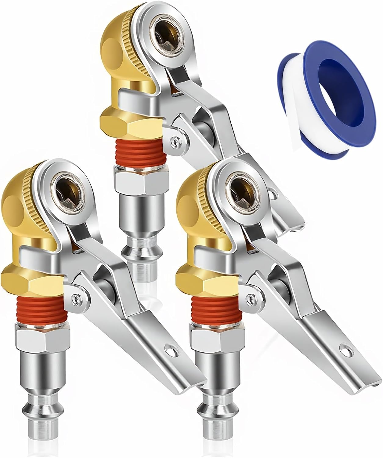 3-Pack 1/4" Female NPT Closed Ball Air Chuck with Clip - Heavy Duty Brass Locking Tire Inflator Nozzle - Hands Free Clip-On Quick Connect Adapter for Air Compressor, Truck, RV, Auto