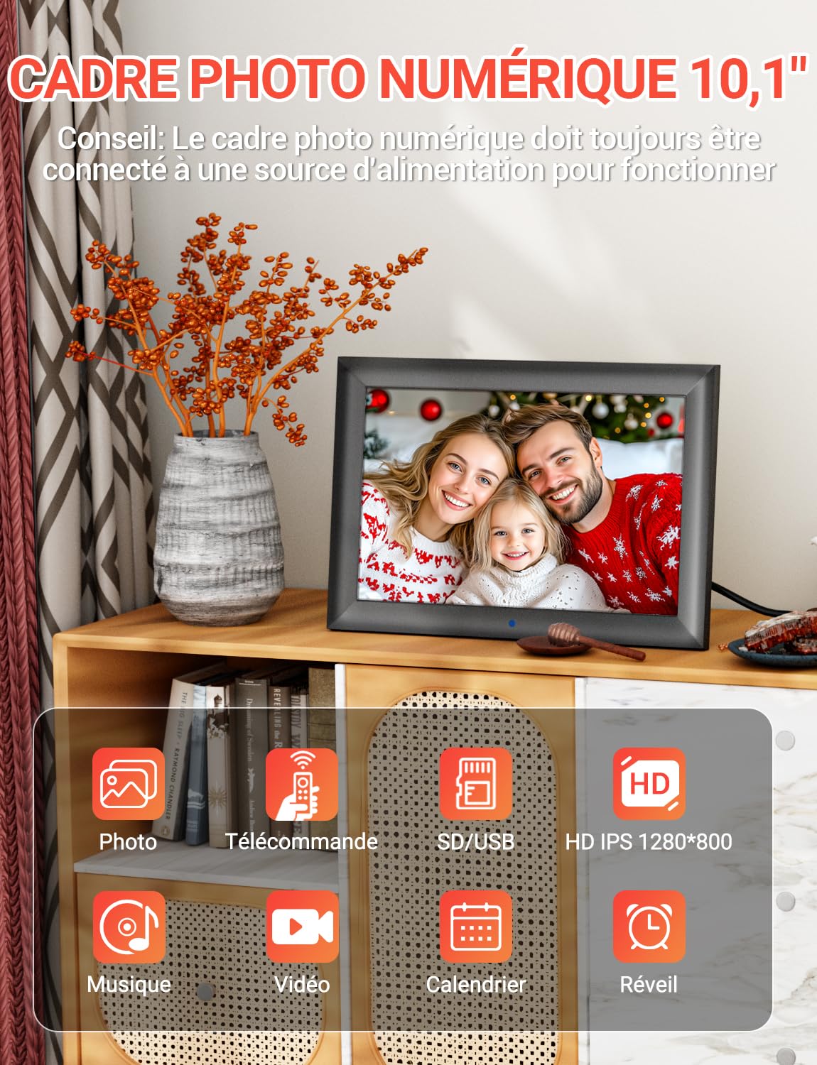 OBVHNUA Cadre Photo Numérique 10,1 Pouces Cadre Digital Cadre Photo Électronique avec Télécommande 1280x800 HD IPS Écran USB Carte SD Rotation Automatique Photo Vidéo Musique Montage Mural
